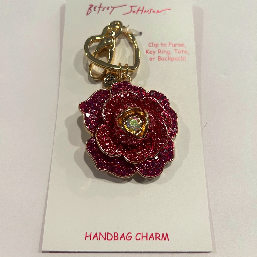 NEW Authentic Betsey Johnson Pink Flower Handbag Charm Keychain Key Fob Backpack